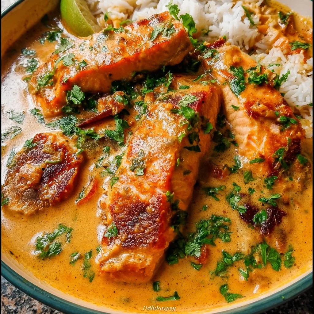Delicious Salmon Coconut Curry served in a bowl with fresh herbs and rice.