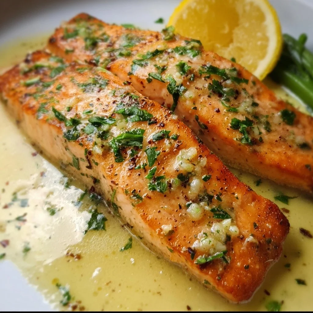 Pan-seared salmon drizzled with garlic lemon butter sauce