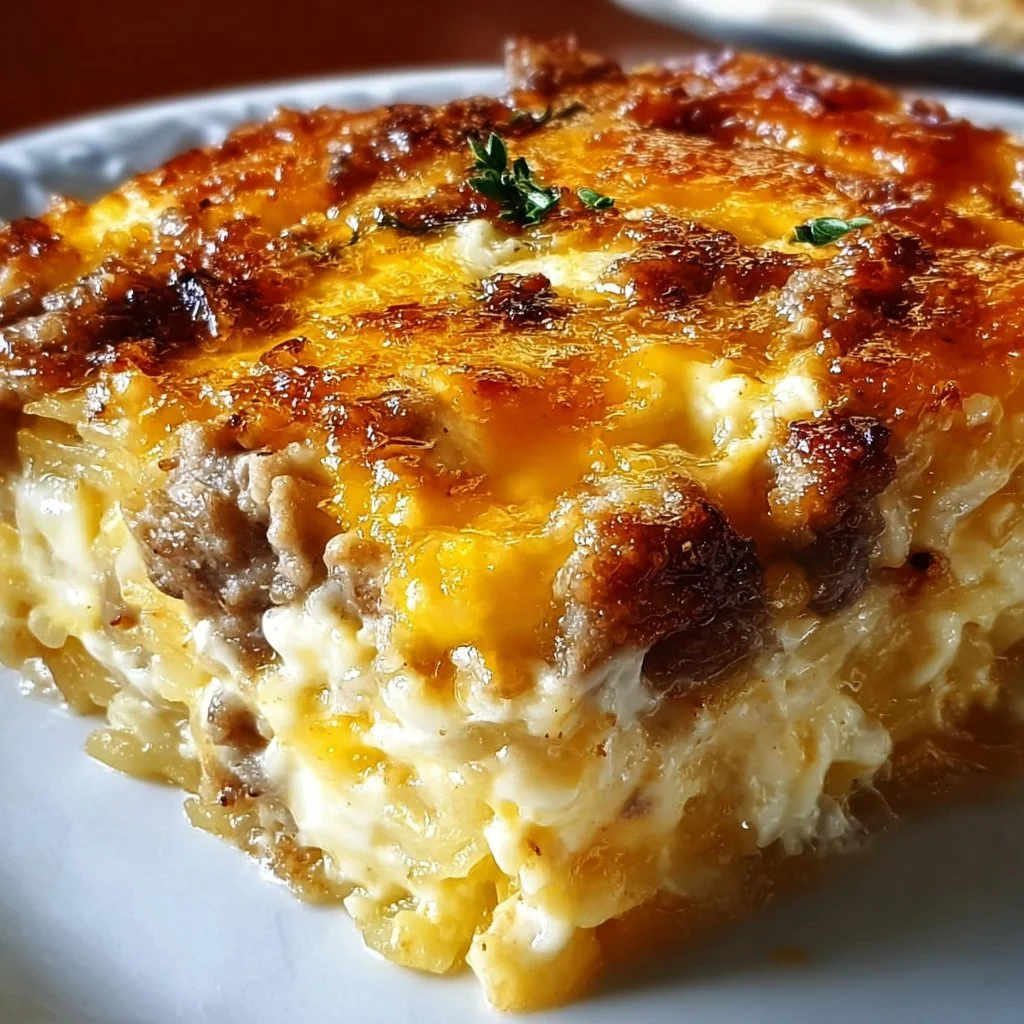 Sausage, Egg, and Cream Cheese Hashbrown Casserole ready to serve