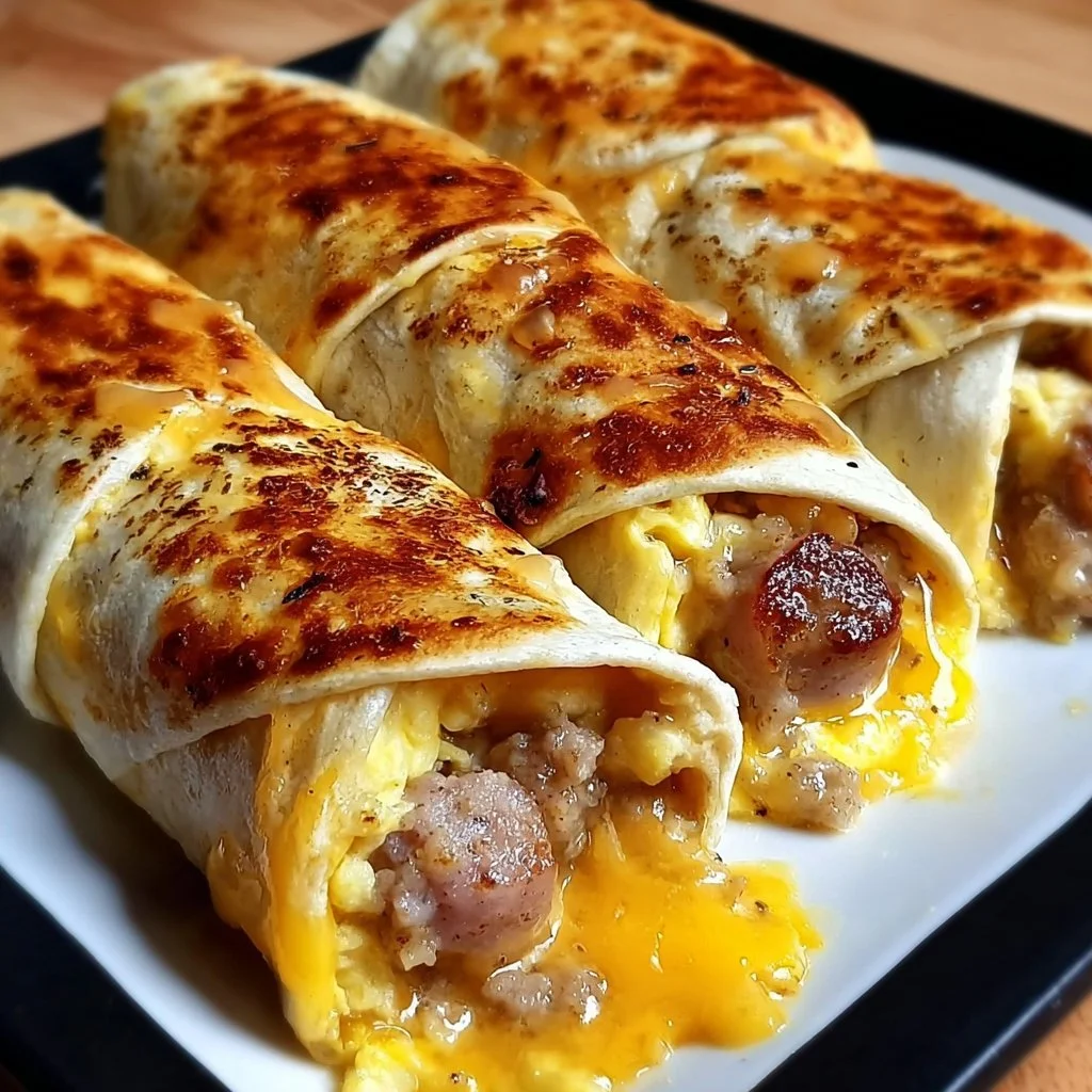 Sausage, egg, and cheese breakfast roll-ups on a plate