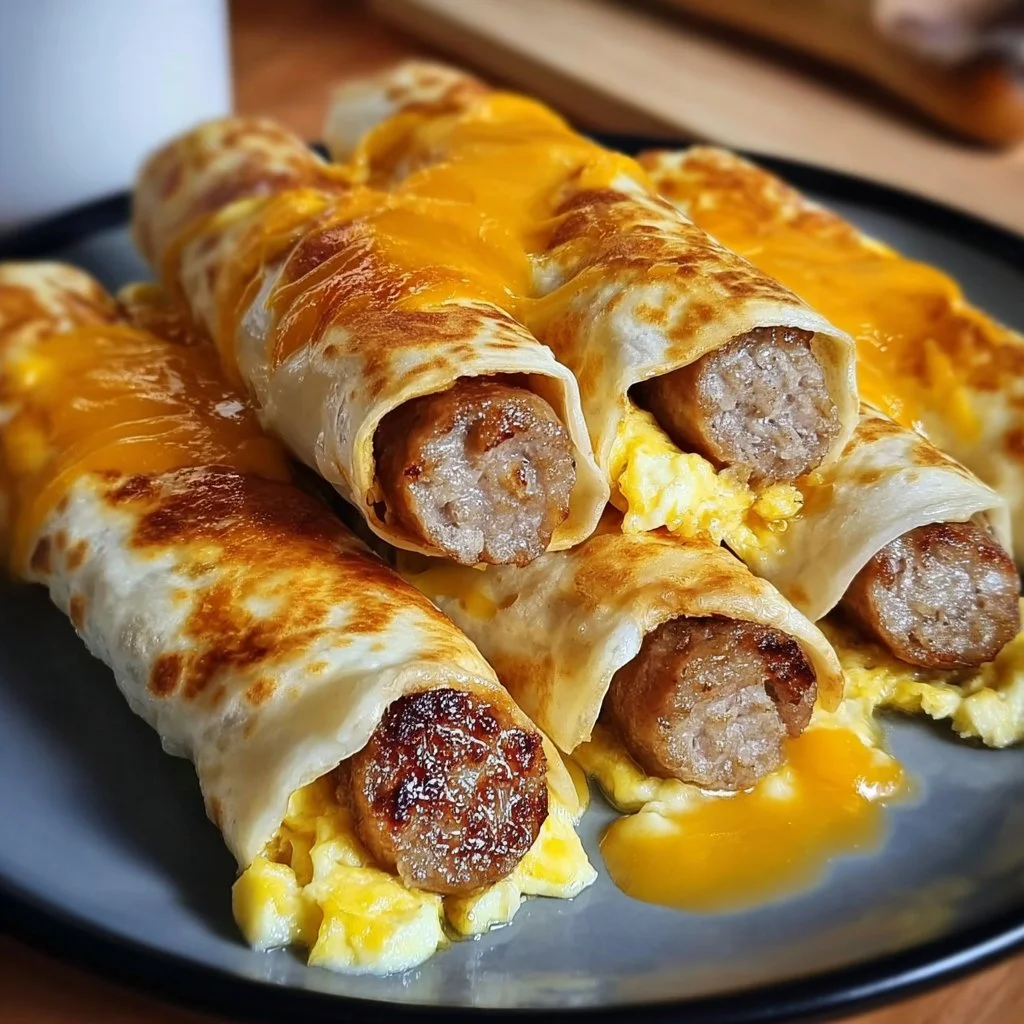 Sausage, egg, and cheese breakfast roll-ups served on a plate, ready to eat.
