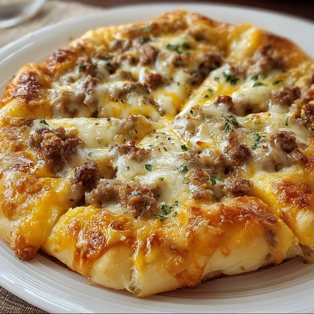 Sausage Gravy Breakfast Pizza made with crescent rolls topped with sausage and gravy.