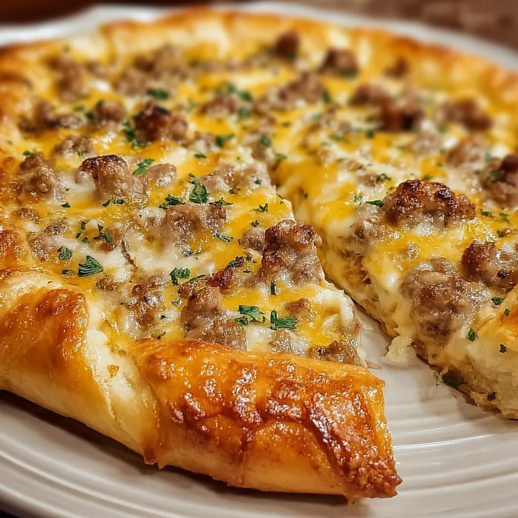 Sausage gravy pizza served on crescent rolls for a delicious breakfast treat.