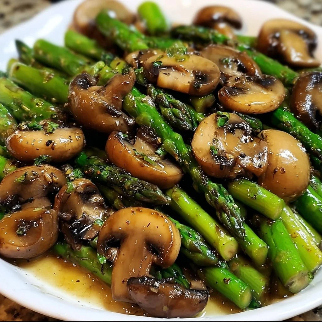 Delicious sautéed asparagus and mushrooms served as a healthy side dish