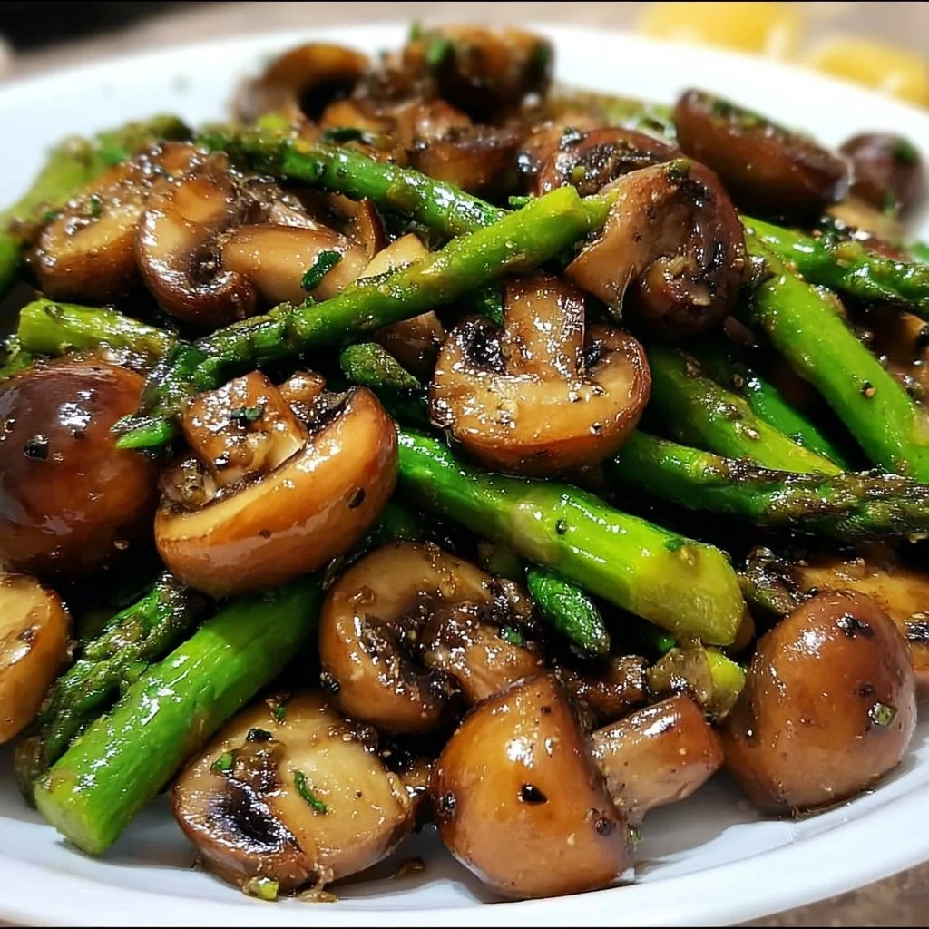 Sautéed asparagus and mushrooms in a skillet, vibrant and healthy dish.