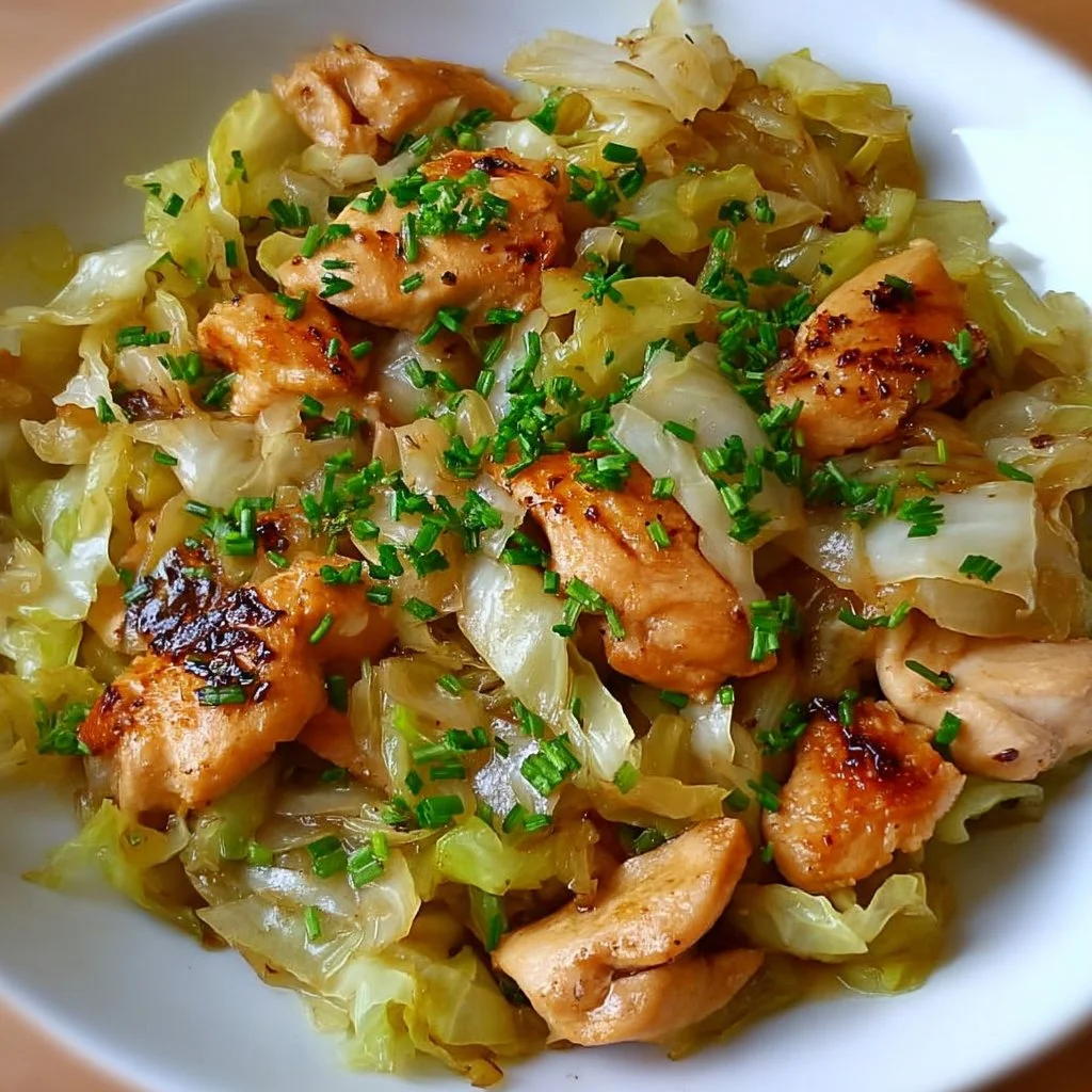 Delicious sautéed garlic cabbage with tender chicken on a plate