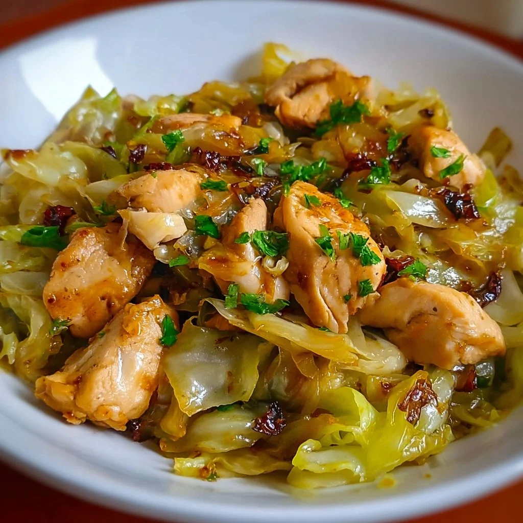 Sautéed garlic cabbage with tender chicken dish on a plate