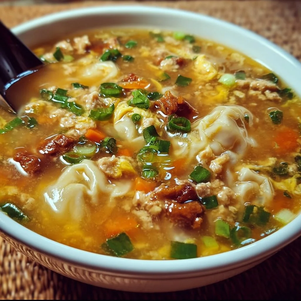 Bowl of savory egg roll soup topped with green onions and sesame seeds