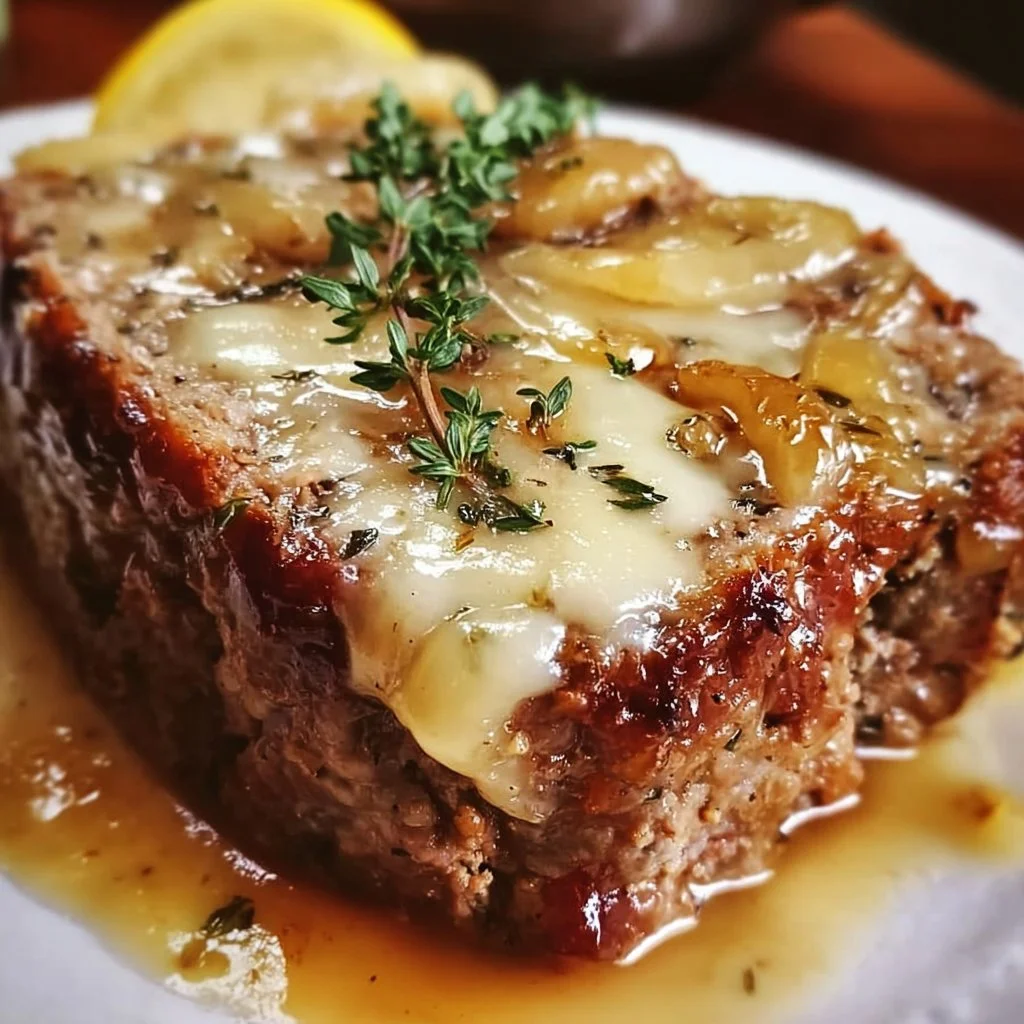 Savory French onion meatloaf with melted Swiss cheese cooked in a crockpot