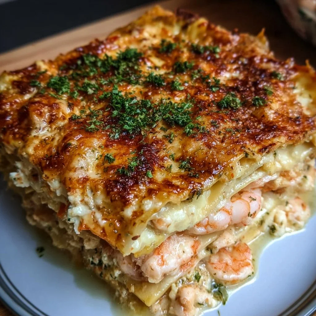 Delicious seafood lasagna featuring shrimp and crab layered in pasta