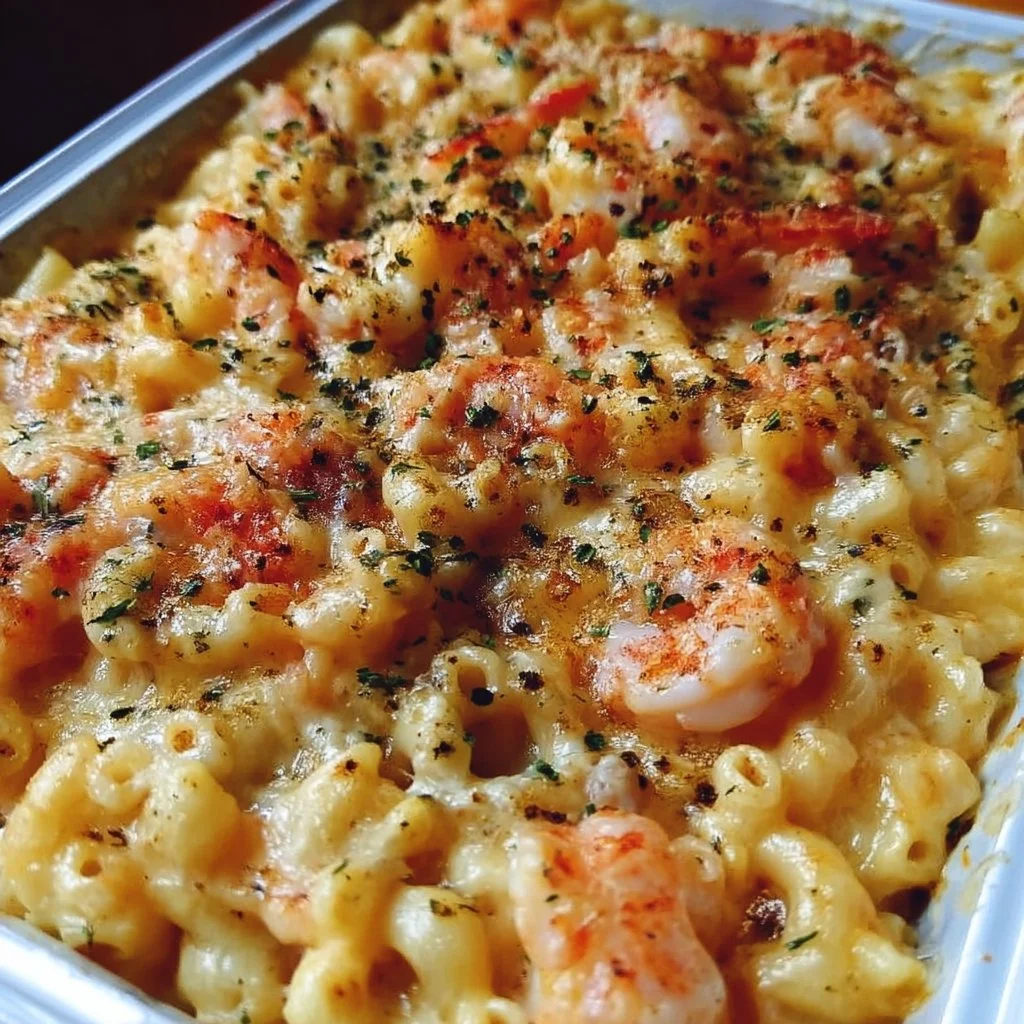 Deliciously cheesy seafood mac and cheese dish topped with fresh herbs