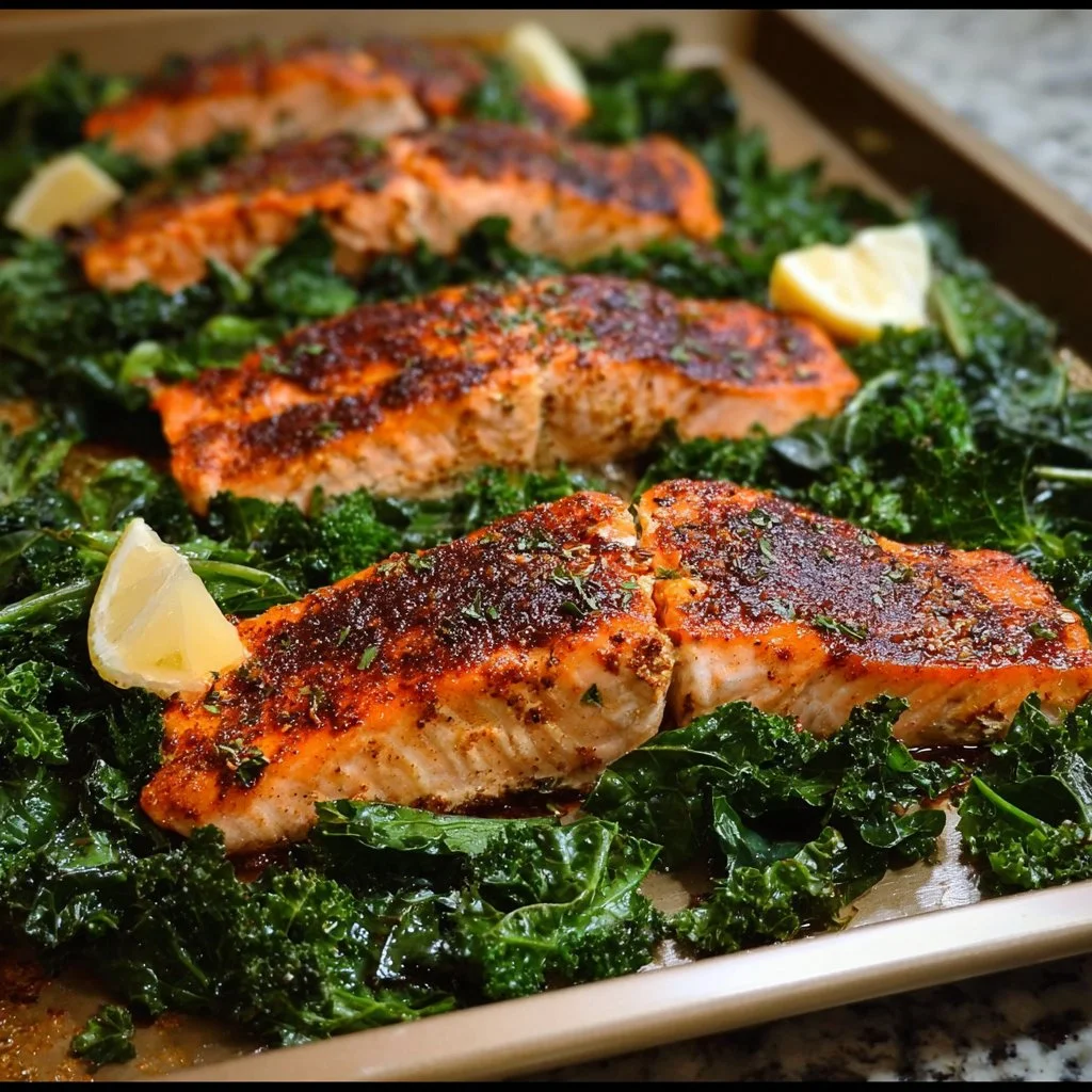 Sheet pan blackened salmon served with garlicky kale on a dinner plate