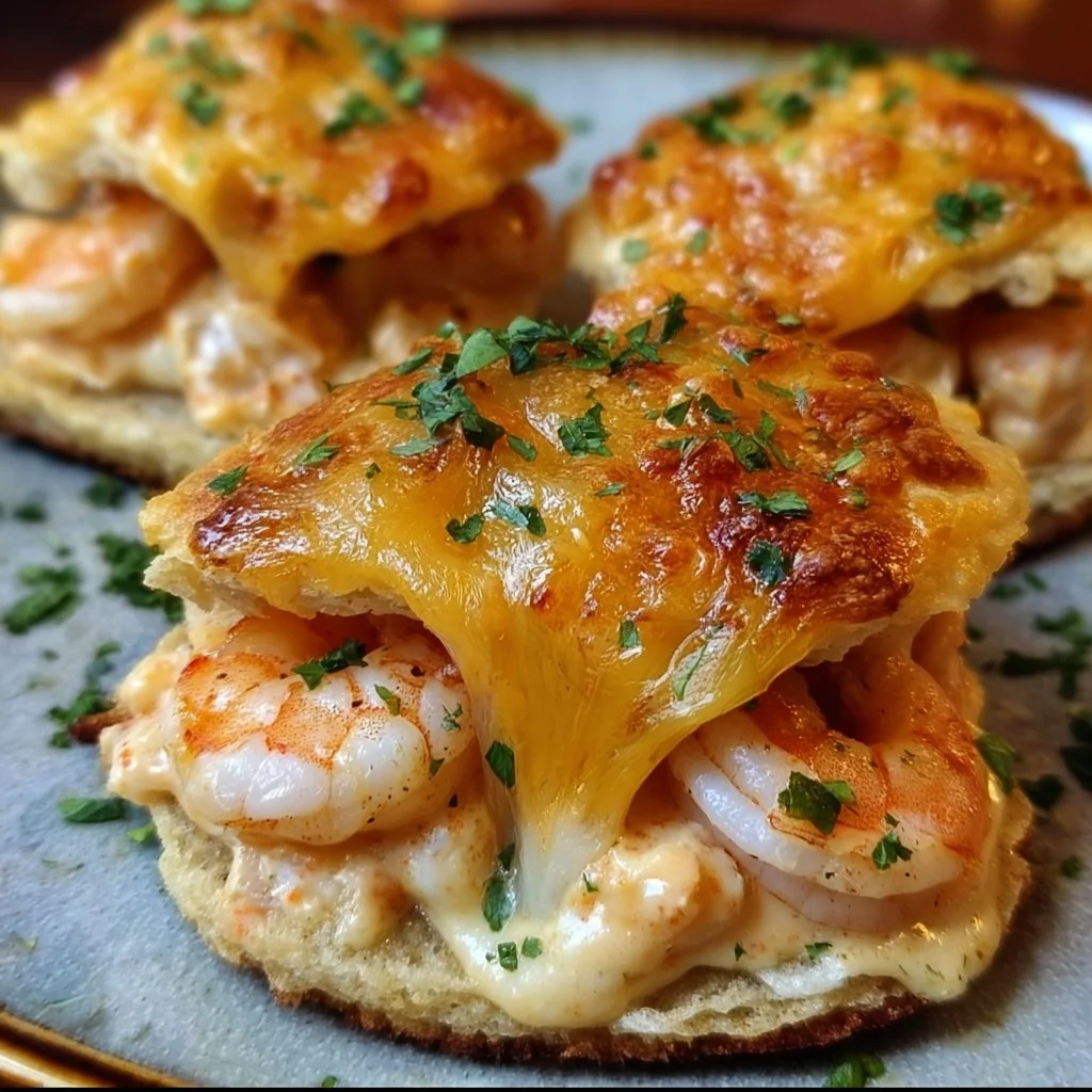 Shrimp crab nacho biscuit melts topped with cheese and fresh ingredients
