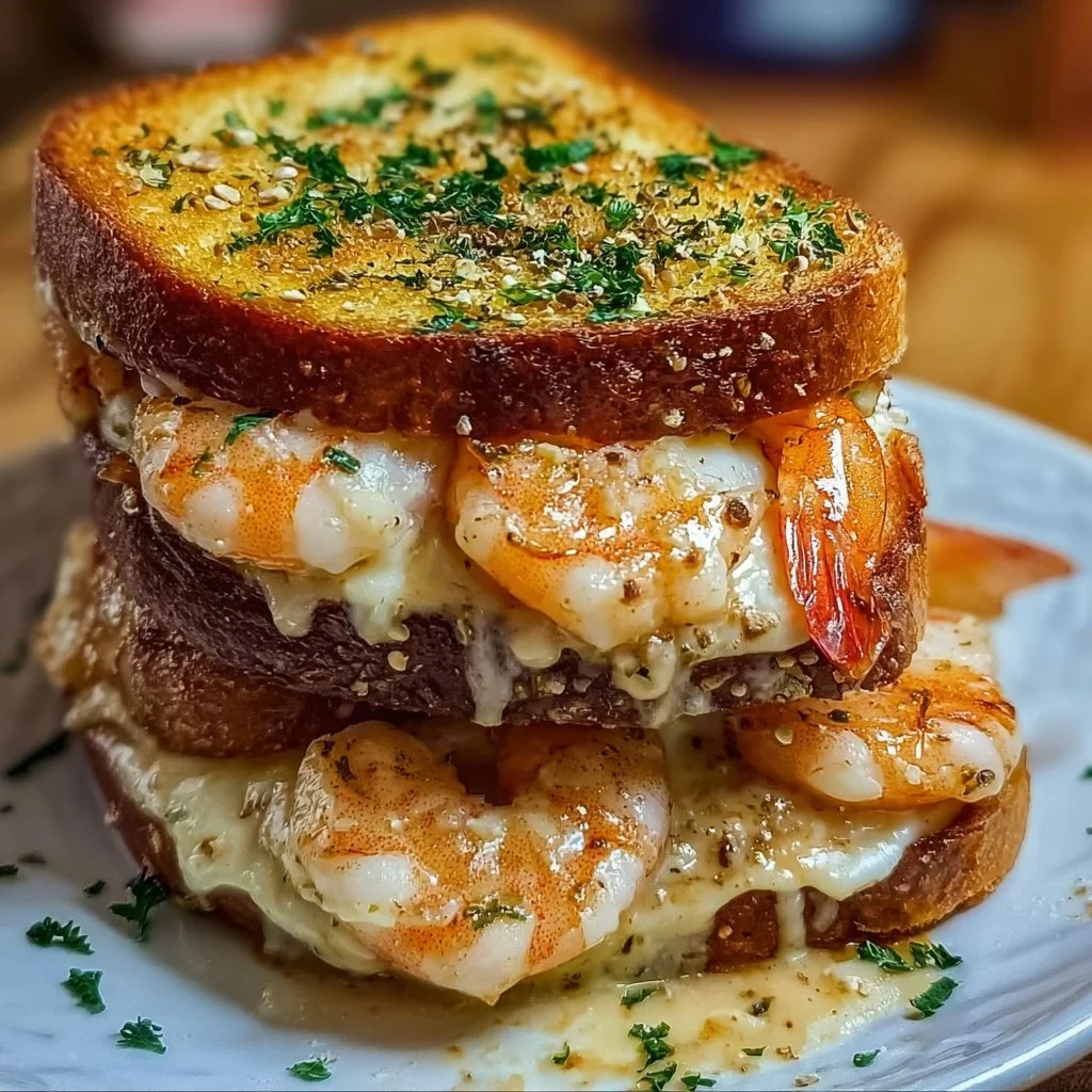 Shrimp-stuffed grilled cheese sandwich with garlic bread on the side