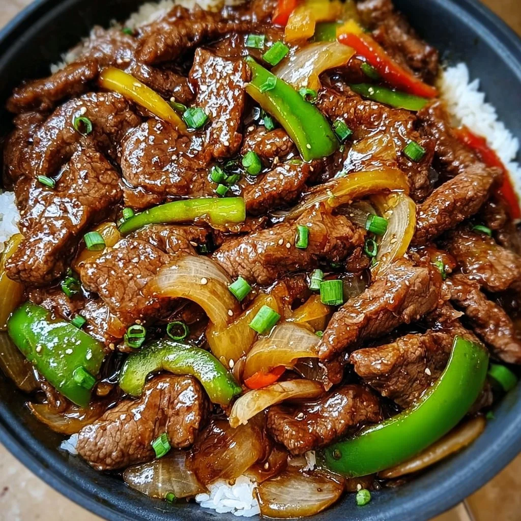 Sizzling Chinese pepper steak served with onions on a plate
