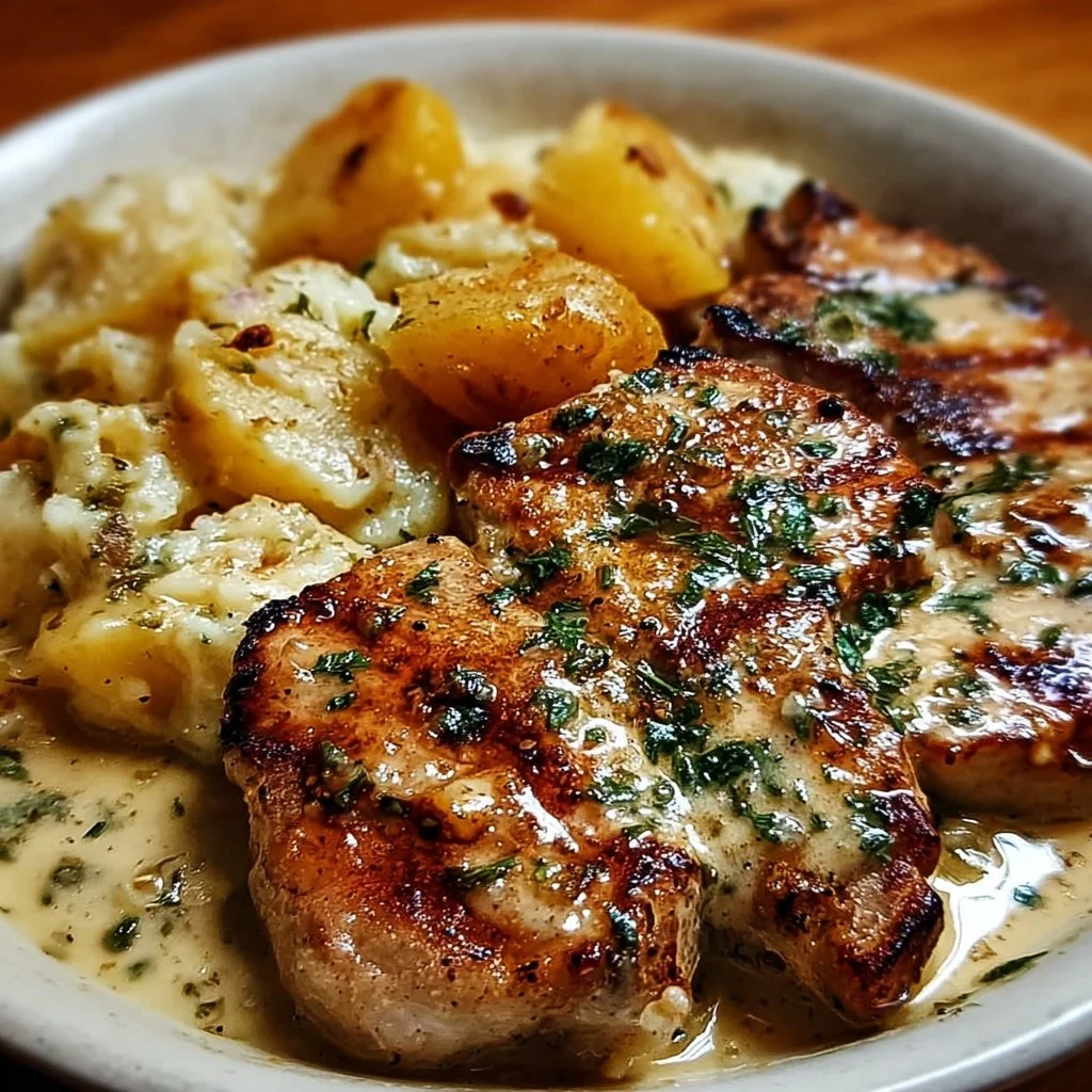 Sizzling pork chops in garlic butter served with creamy potatoes