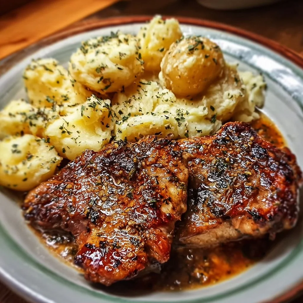 Slow-cooked garlic butter chicken served with ribeye and parmesan potatoes