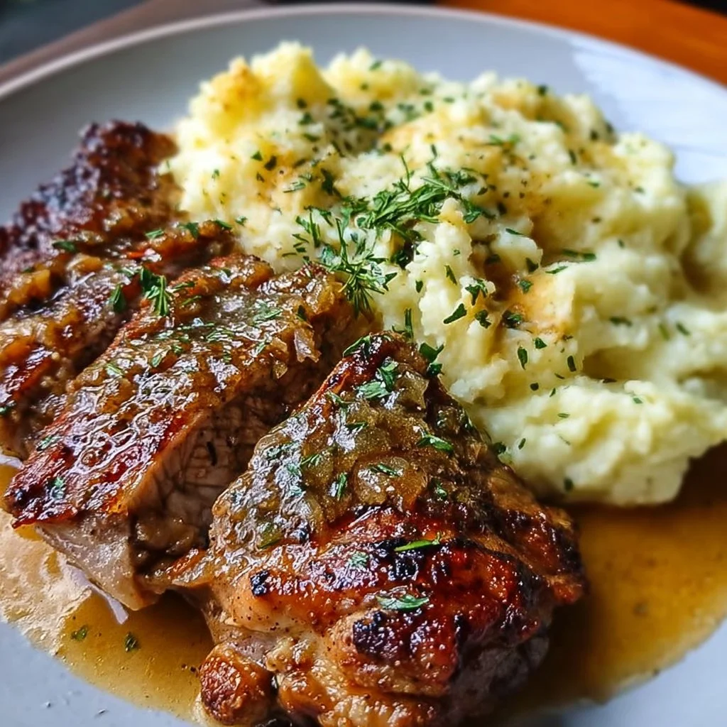 Slow-cooked garlic butter chicken with ribeye and creamy parmesan mash