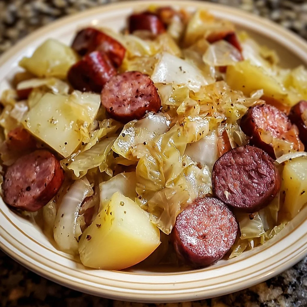 Slow cooker cabbage with potatoes and smoked sausage in a serving dish