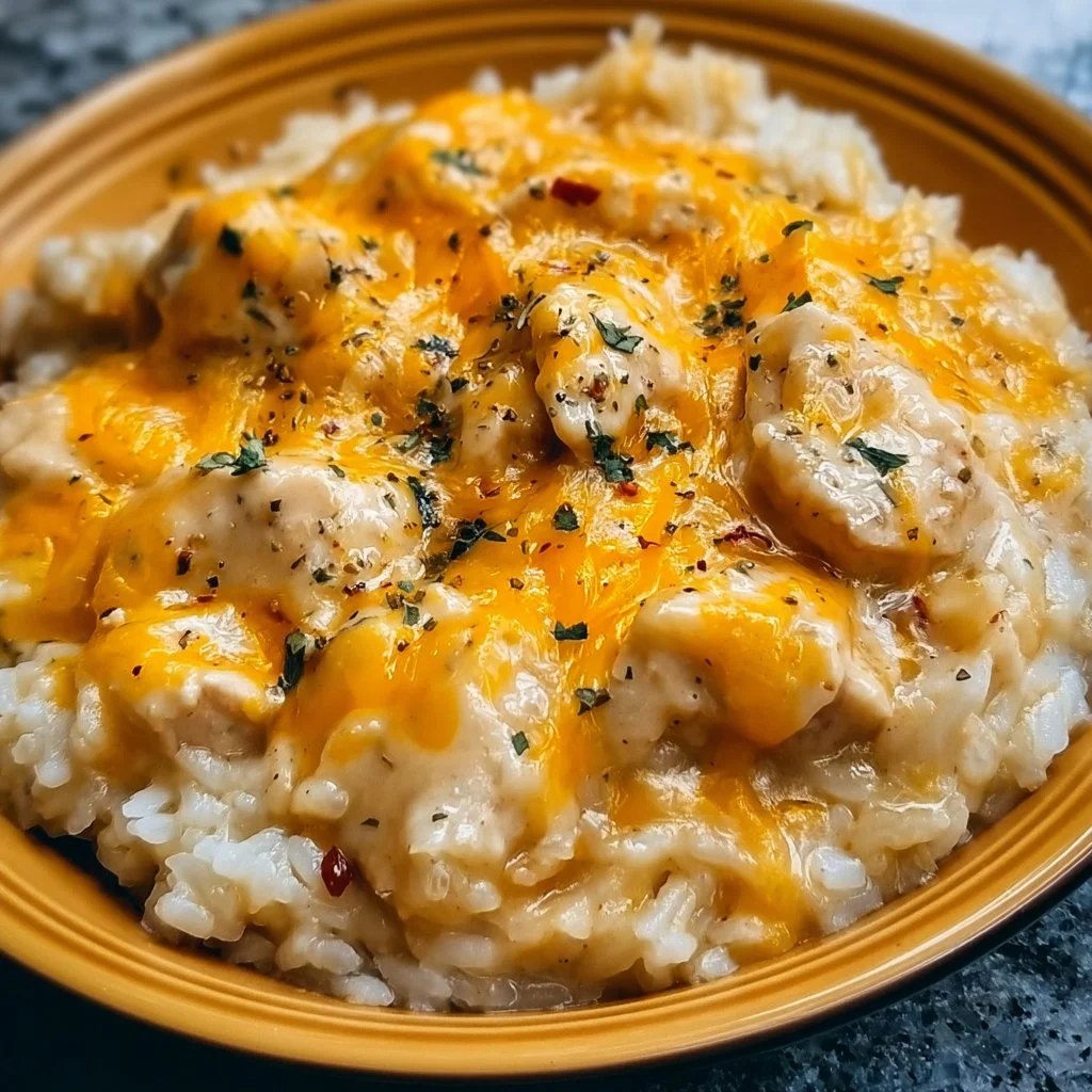 Delicious slow cooker cheesy chicken and rice served in a bowl