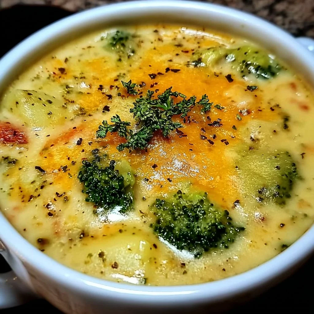 Bowl of slow cooker cheesy potato and broccoli soup garnished with herbs