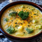 Bowl of slow cooker cheesy potato and broccoli soup garnished with herbs