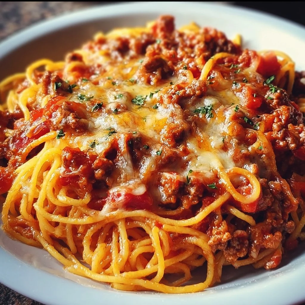 Delicious slow cooker spaghetti casserole in a ceramic dish ready to serve.