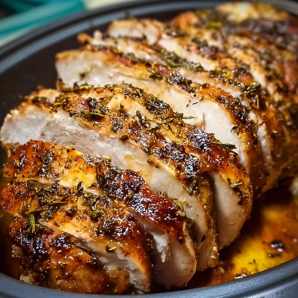Slow Cooker Turkey Breast served with herbs and spices in a stylish platter