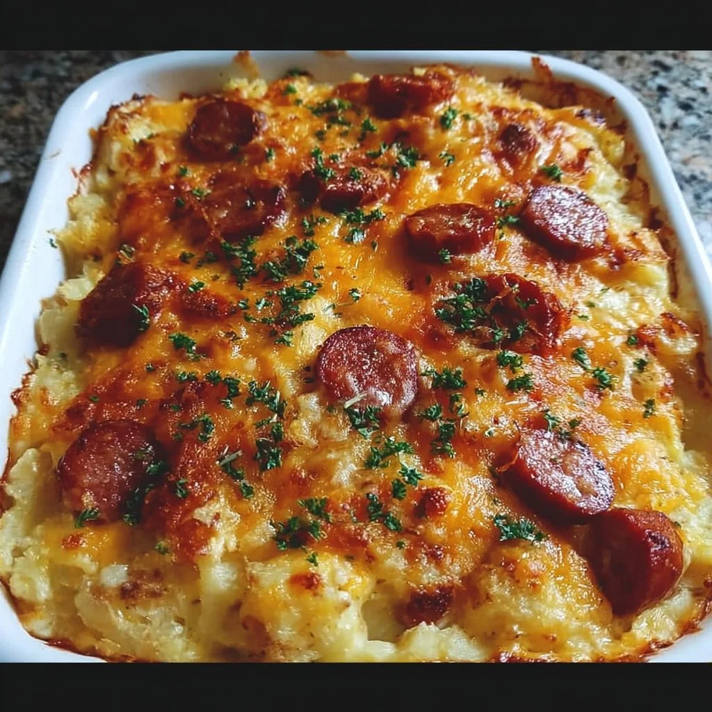 Smoked sausage and cheesy potato casserole in a baking dish