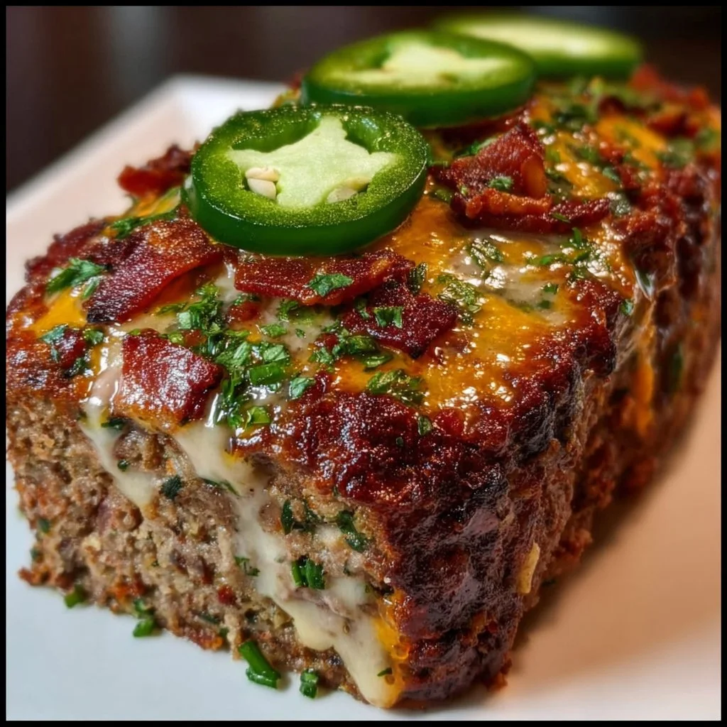 Smoky jalapeño popper meatloaf topped with cheese and jalapeños