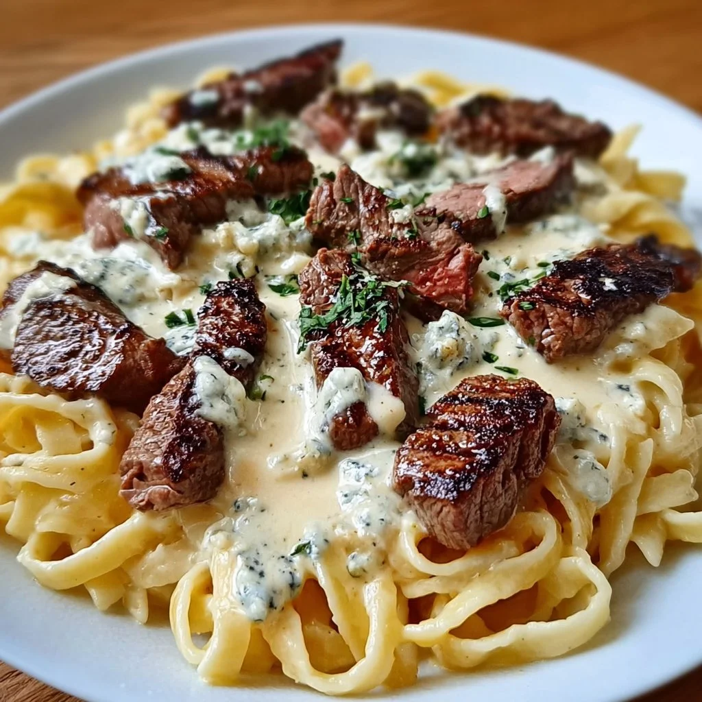 Plate of Steak Gorgonzola Alfredo topped with herbs and cheese