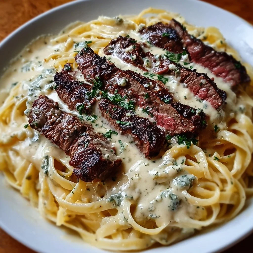 Delicious Steak Gorgonzola Alfredo served with pasta and herbs