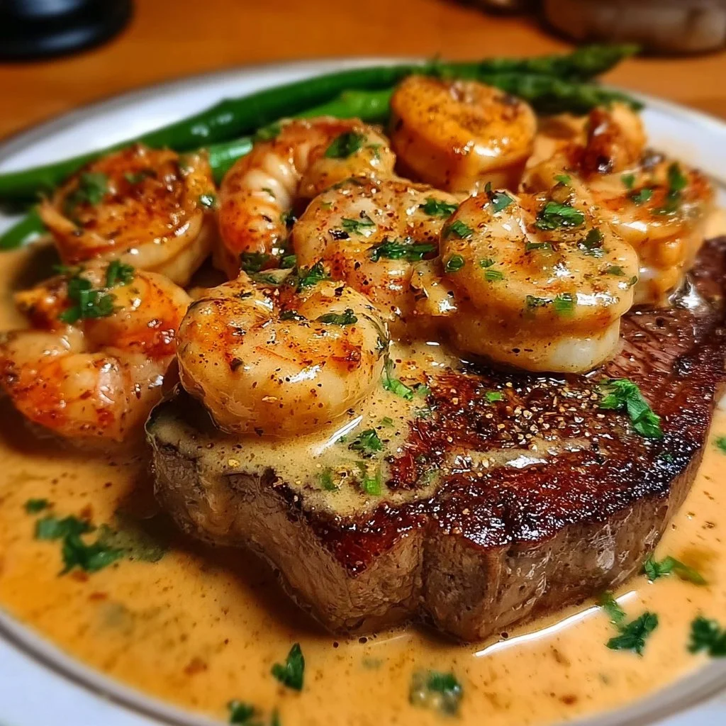 Delicious steak topped with creamy Cajun shrimp sauce for a delectable meal.