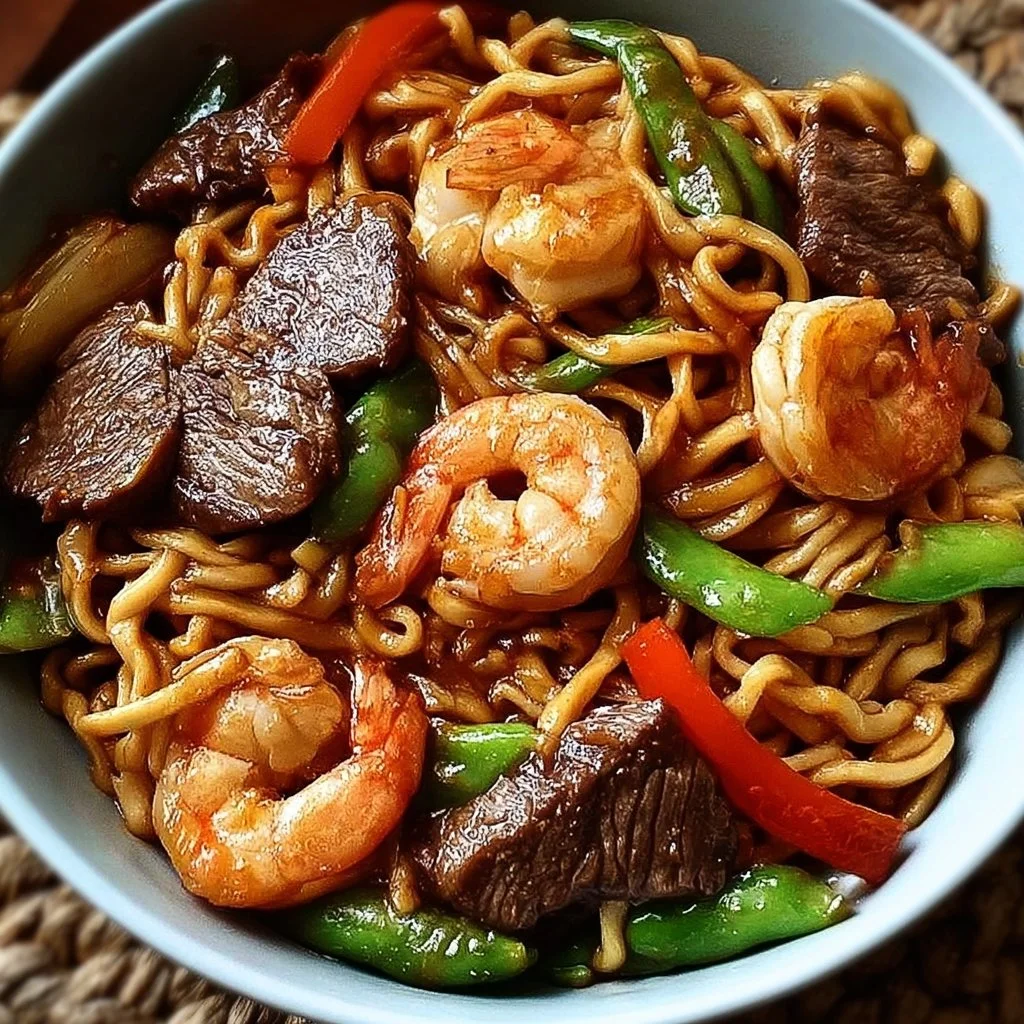Stir-fried steak with shrimp and noodles served in a vibrant dish