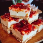 Strawberry cheesecake bars topped with fresh strawberries and cream.