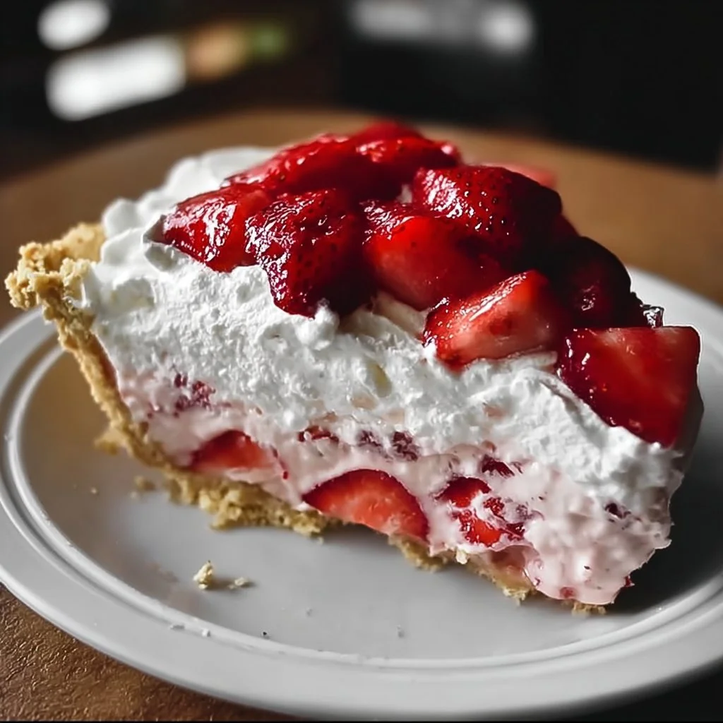 Delicious Strawberry Cool Whip Pie topped with fresh strawberries and whipped cream.