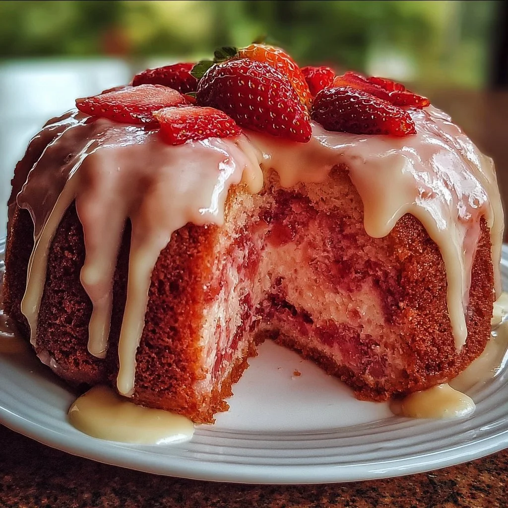 Strawberry Honeybun Cake with creamy strawberry icing on top
