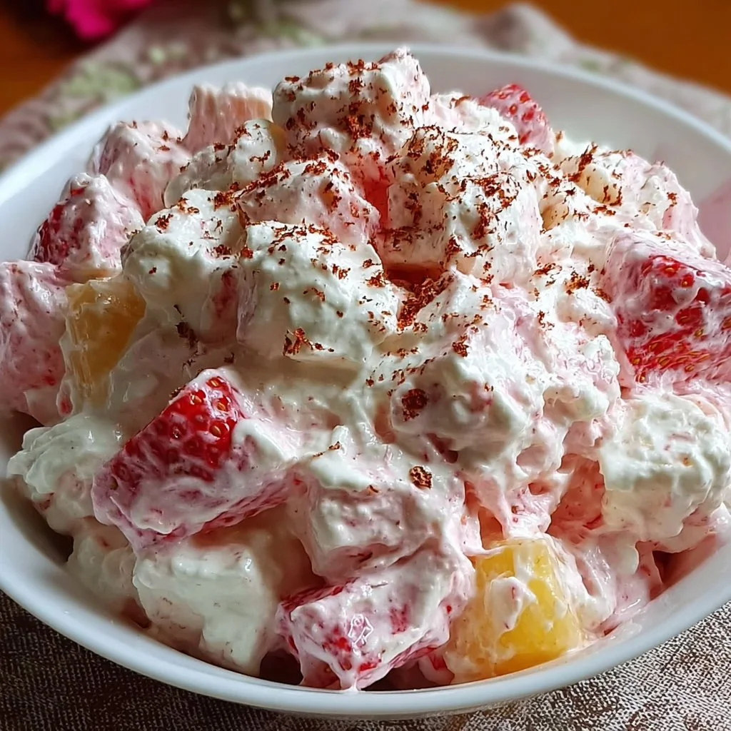 Delicious Strawberry Marshmallow Fluff Salad with fresh strawberries and whipped cream