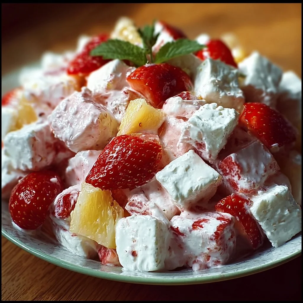 Bowl of Strawberry Marshmallow Fluff Salad topped with fresh strawberries