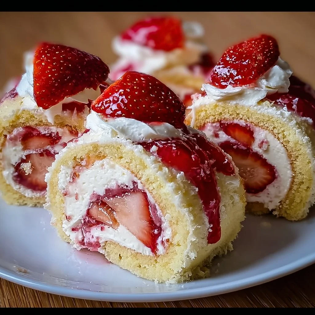 Strawberry Shortcake Cheesecake Rolls dessert with creamy filling and strawberry topping
