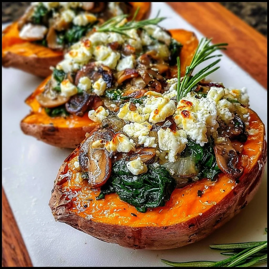 Stuffed sweet potatoes with spinach, mushroom, feta, and rosemary on a plate.
