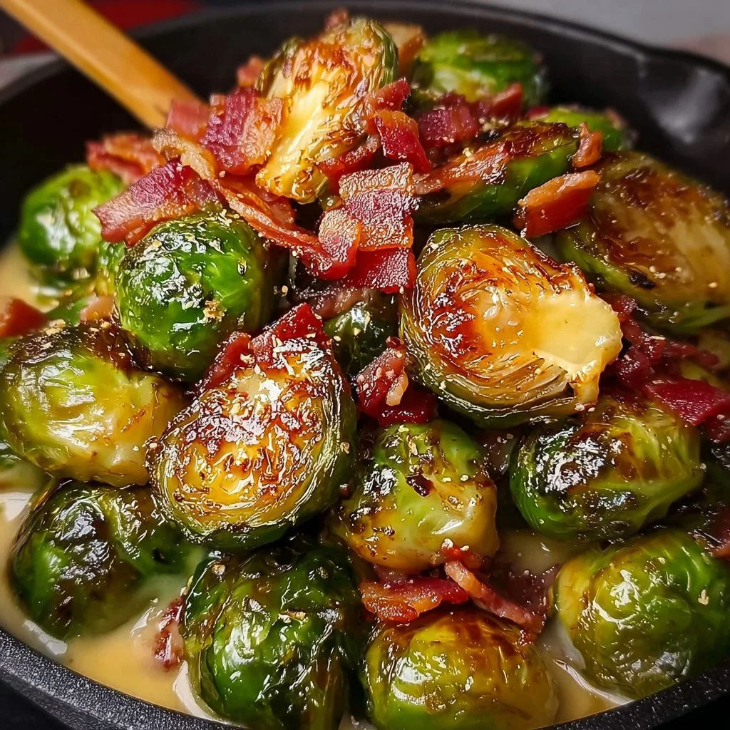 Delicious honey-glazed Brussels sprouts with crispy bacon on a white plate.