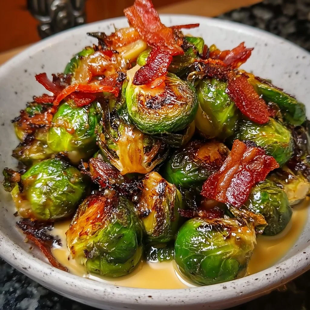 Delicious honey-glazed Brussels sprouts with crispy bacon on a plate