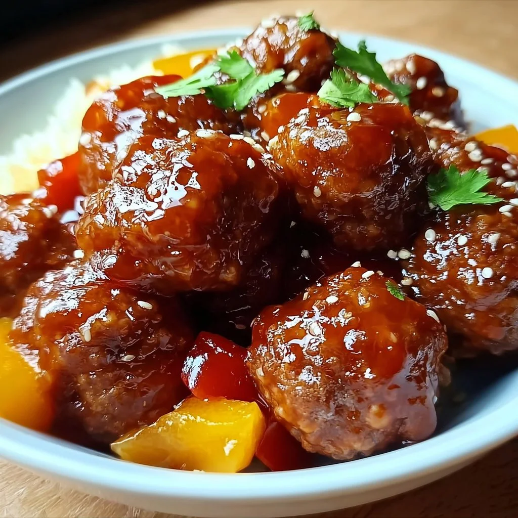 Plate of sweet and sour meatballs with colorful sauce and herbs