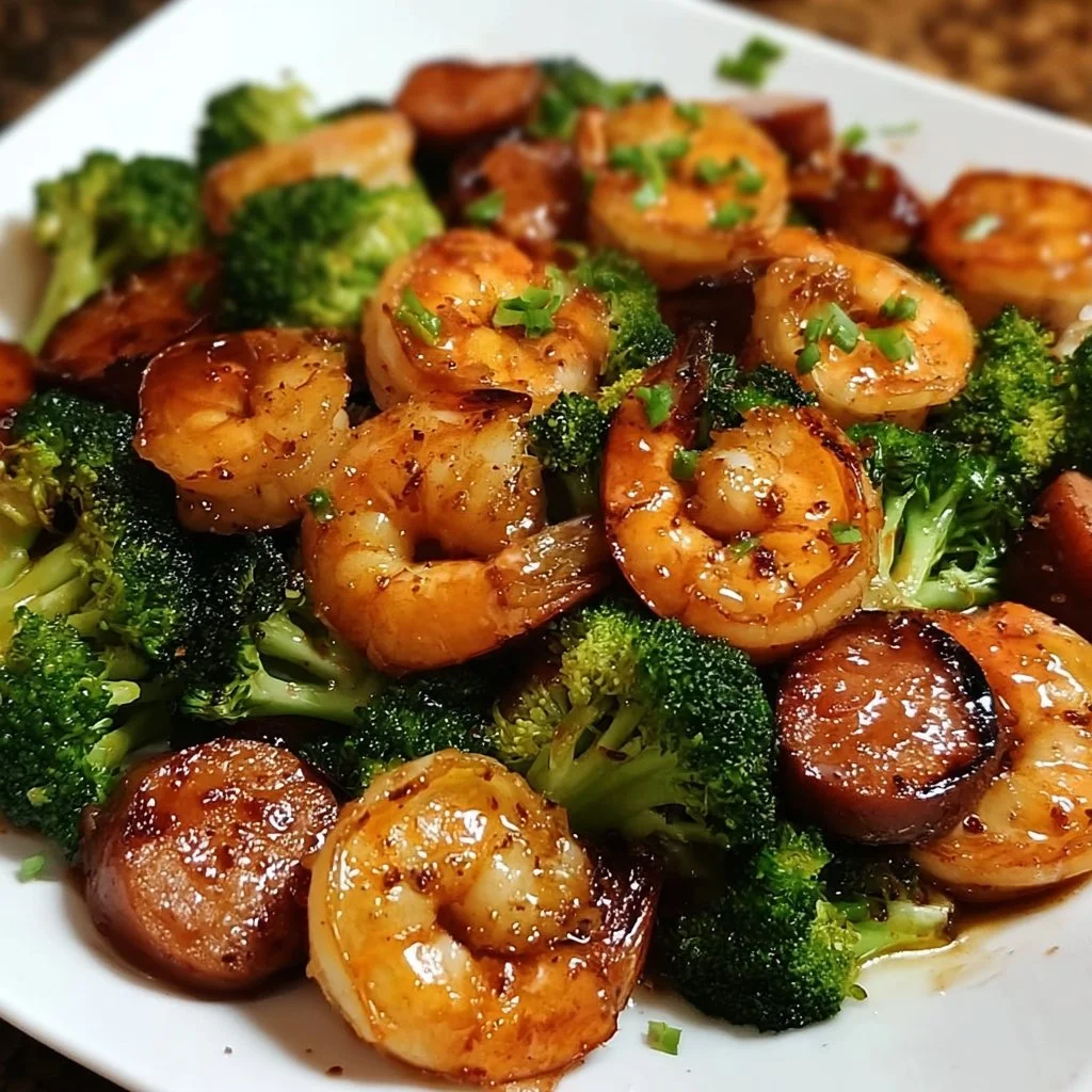 Sweet honey-glazed shrimp and sausage served with broccoli on a plate
