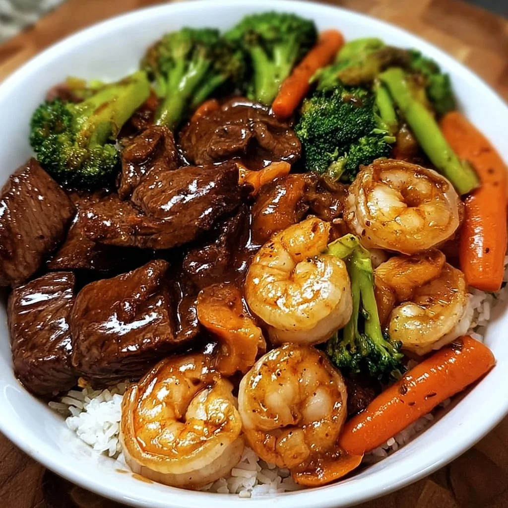 Sweet and savory hoisin beef stir-fry with shrimp and colorful veggies