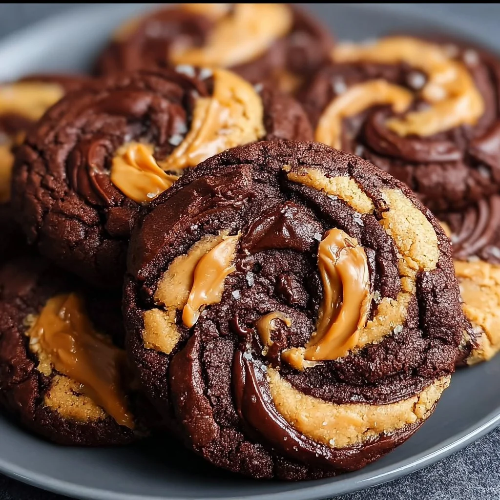 Swirled brownie cookies with peanut butter swirl on a plate