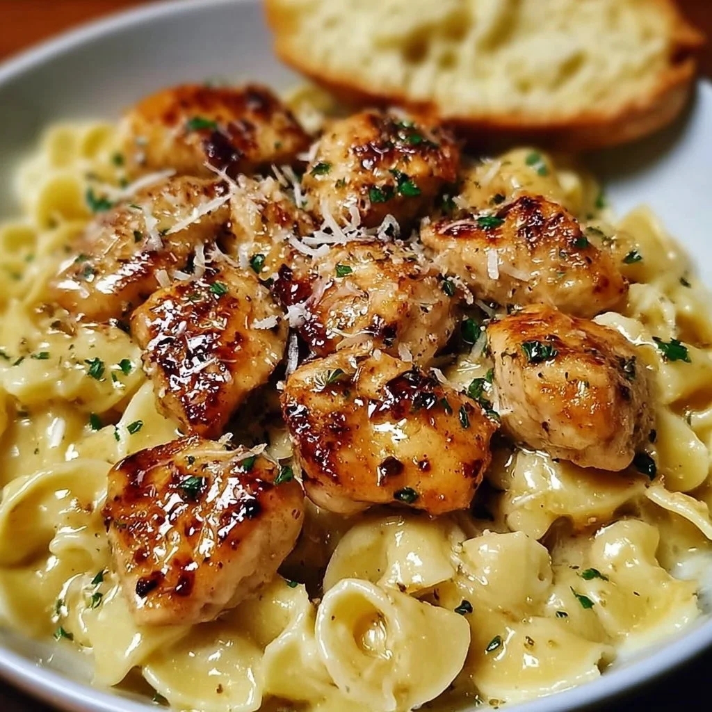 Garlic Butter Chicken bites served with creamy Parmesan pasta