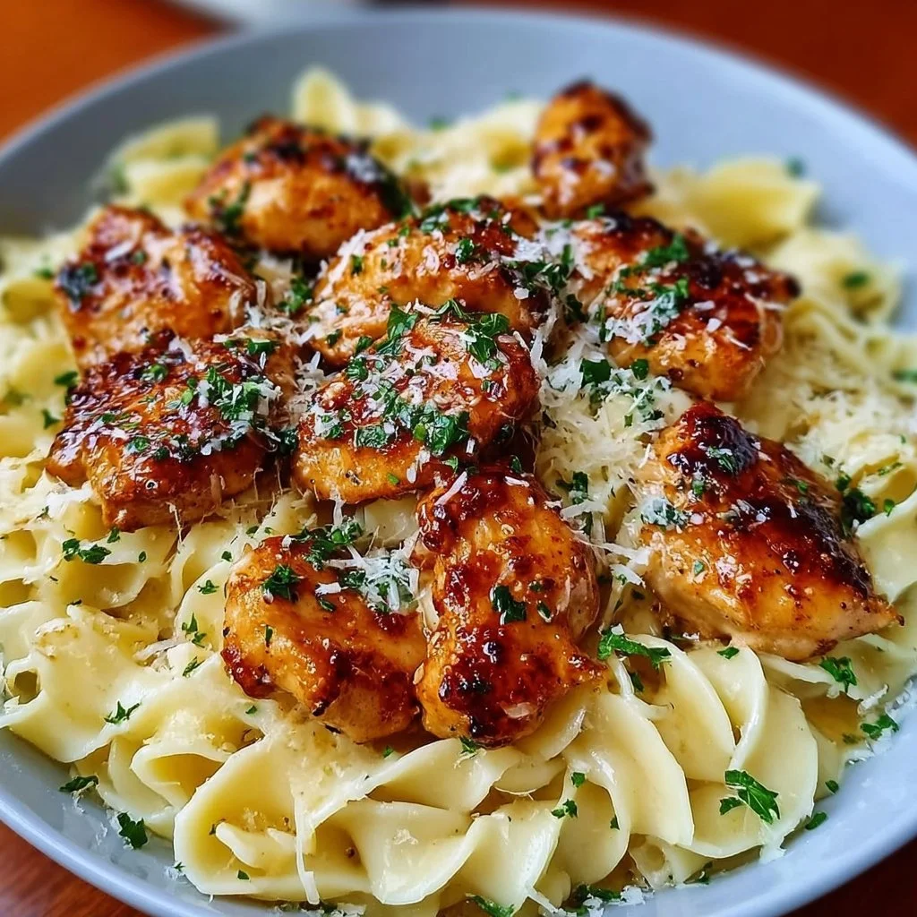 Delicious garlic butter chicken bites served with creamy parmesan pasta.