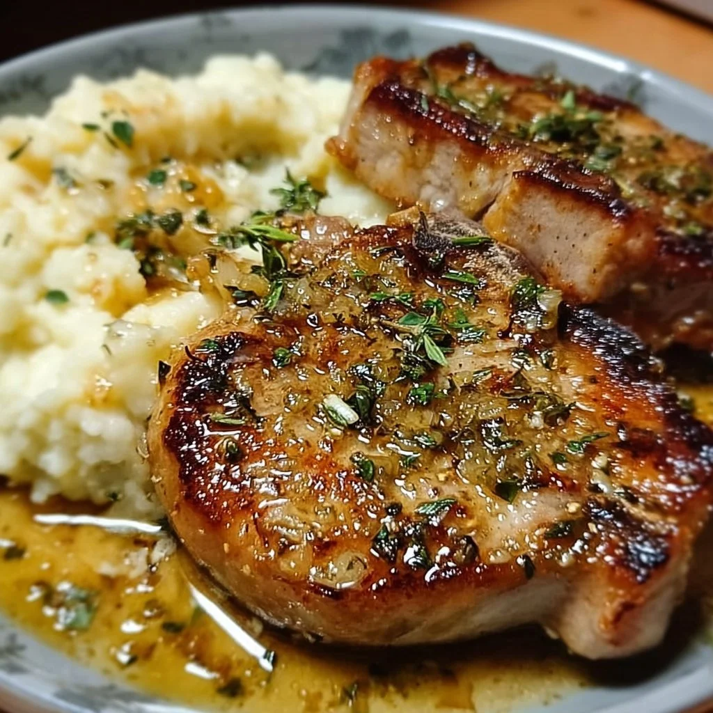 Tender garlic butter pork chops with creamy mashed potatoes on a plate.